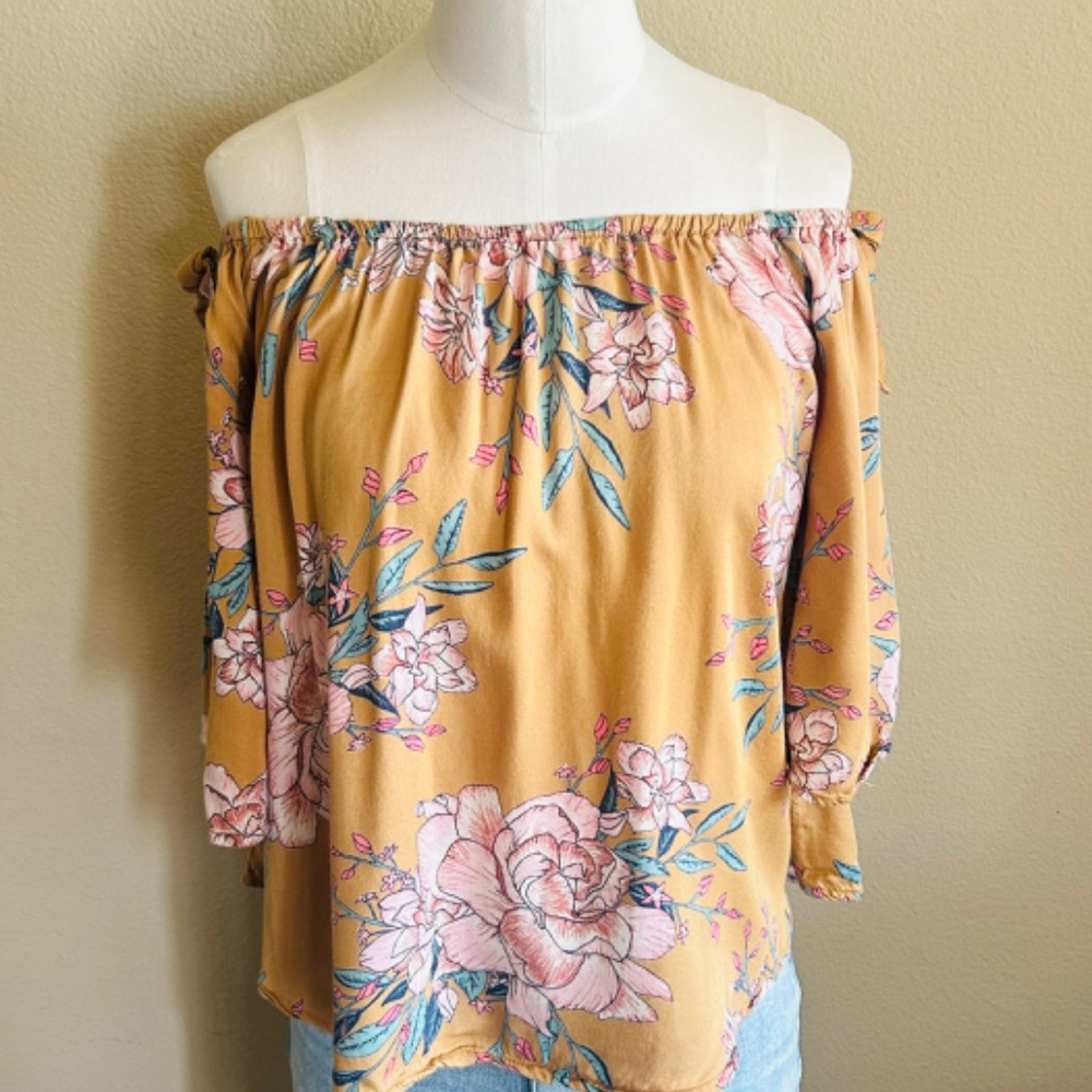 Billabong Blues Baby Gold Honey Floral Hippie Off Shoulder Top size S